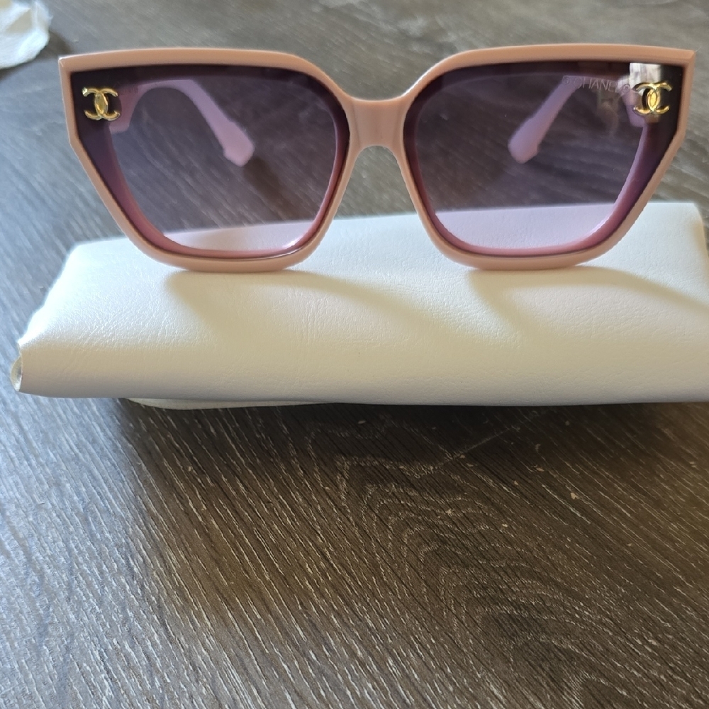 C C Pink Square Frame Sunglasses with Gold Accents